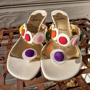 Christian Louboutin White Sandals with Multicolor Accents And Chunk Heel